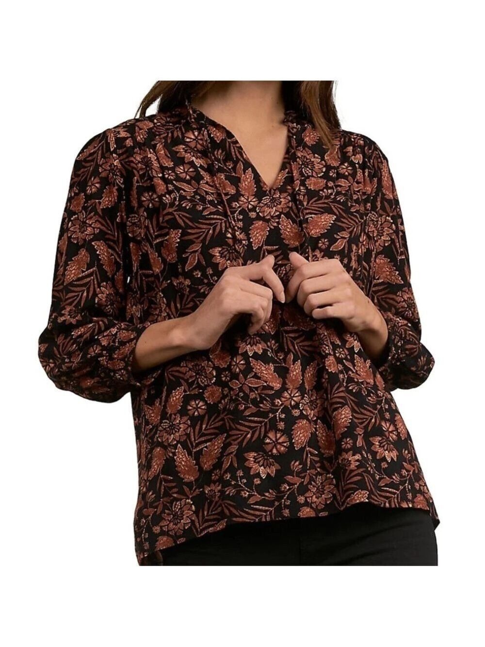 Elan Black Autumn Print Split Neck Top - Picture 4 of 11